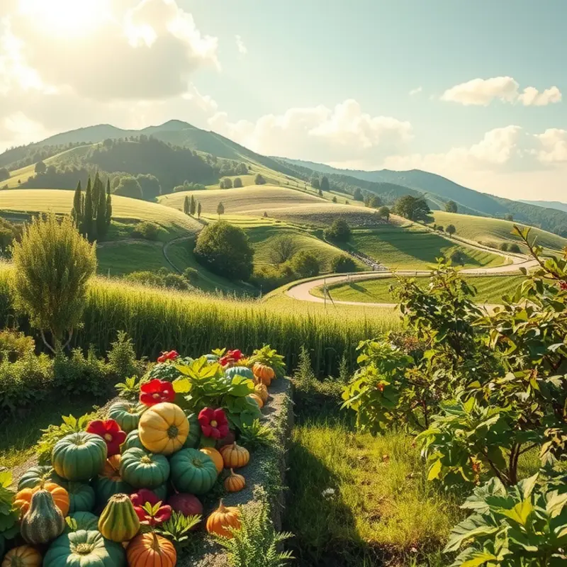 A sunlit field showcasing the abundance of organic vegetables and fruits.