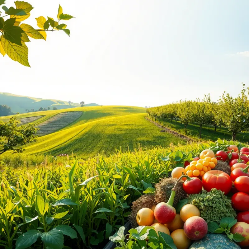 A vibrant sunlit field showcasing organic fruits and vegetables.
