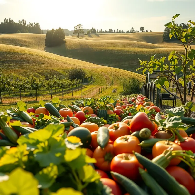 A serene sunlit field abundant with vibrant fruits and vegetables.