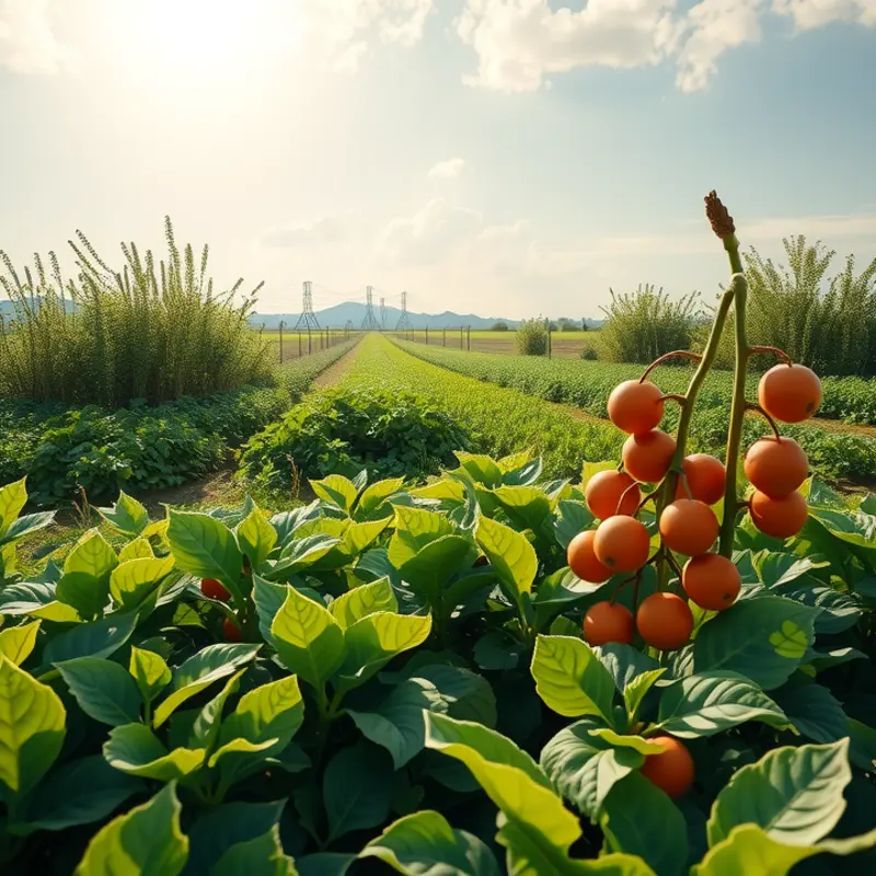 A sunlit field abundant with organic vegetables and fruits.
