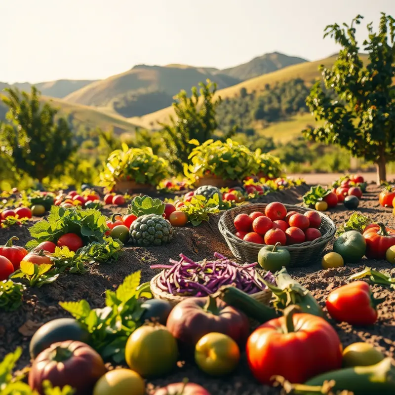 A sunlit field abundant with vibrant organic produce.
