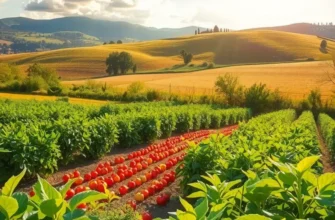 A scenic landscape featuring a sunlit field abundant with fresh, organic produce among lush greenery.