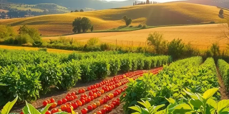 A scenic landscape featuring a sunlit field abundant with fresh, organic produce among lush greenery.