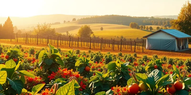 A picturesque field filled with vibrant organic produce and lush greenery.