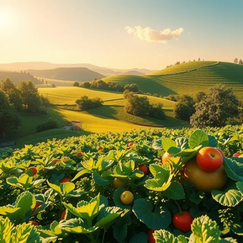 A sunlit field filled with vibrant fruits and vegetables, representing nature’s abundance.