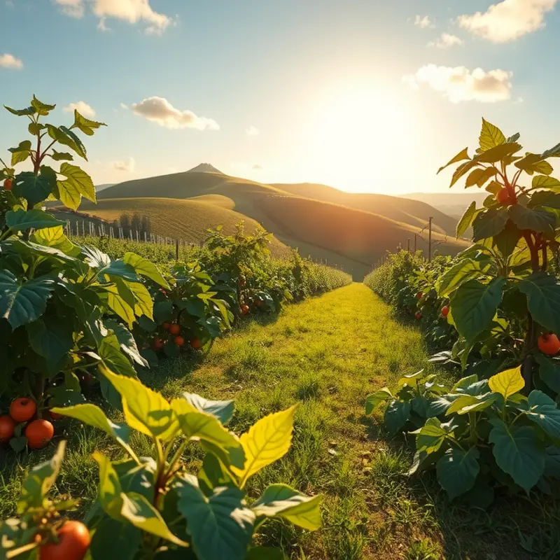 A sunlit field bursting with organic vegetables and fruits, showcasing nature’s bounty.