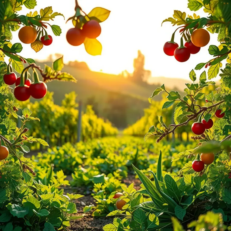 A sunlit field filled with vibrant organic vegetables and fruits.