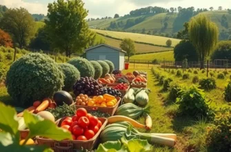 A sunlit landscape with vibrant fruits and vegetables growing in nature.