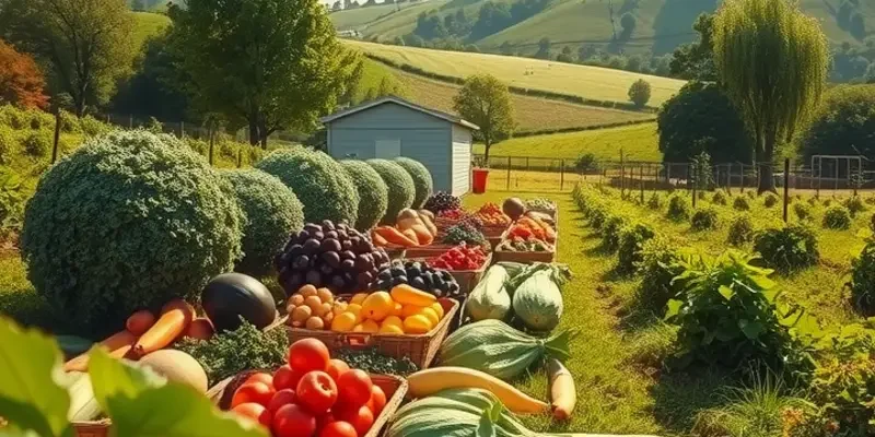 A sunlit landscape with vibrant fruits and vegetables growing in nature.