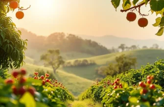 A picturesque landscape of vibrant vegetables and fruits in a sunlit field surrounded by greenery.