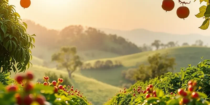 A picturesque landscape of vibrant vegetables and fruits in a sunlit field surrounded by greenery.