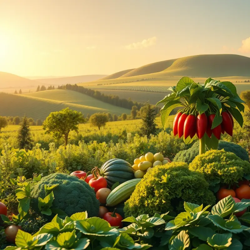 A sunlit field showcasing vibrant fruits and vegetables in a natural setting.