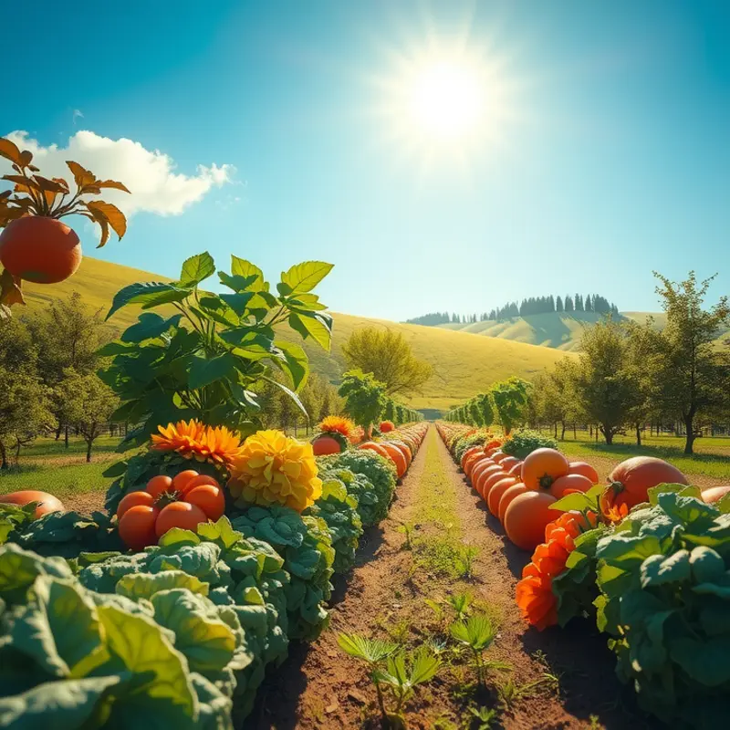A sunlit field abundant with vibrant organic produce, symbolizing fresh breakfast ingredients.