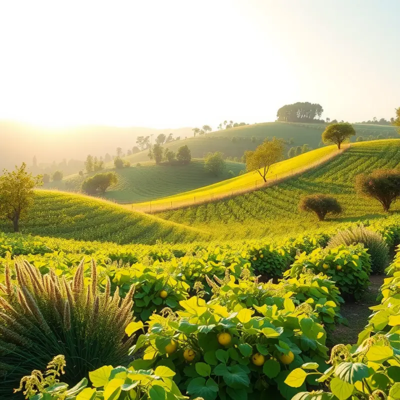 A sunlit field abundant with organic vegetables and fruits.
