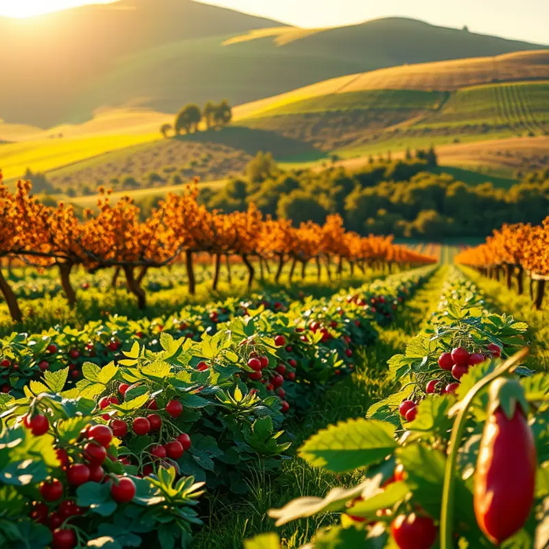 A vibrant sunlit field with an abundance of organic produce.