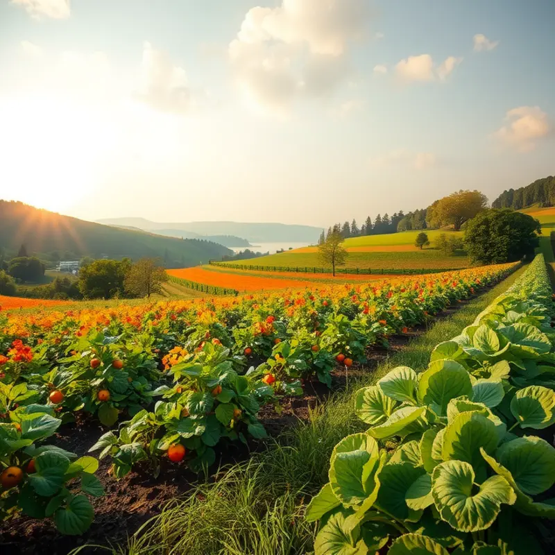 A serene sunlit field showcasing fresh organic produce.