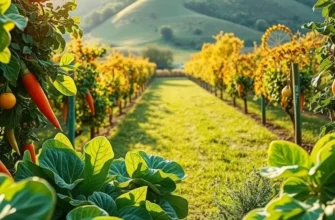 A sunlit field rich with organic fruits and vegetables under a clear sky.