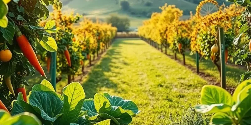 A sunlit field rich with organic fruits and vegetables under a clear sky.