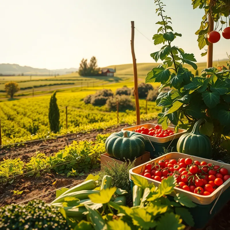 A sunlit field showcasing vibrant vegetables and fruits, emphasizing the connection between nature and mindful eating.