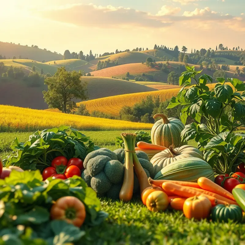 A sunlit field showcasing vibrant vegetables and fruits in harmony with nature.