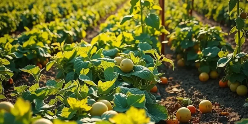 A bright field brimming with colorful vegetables and fruits in a natural setting.