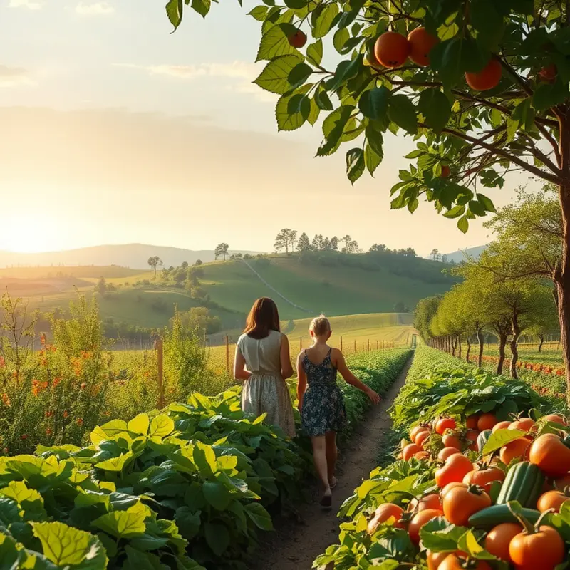 An idyllic sunlit field teeming with vibrant organic vegetables and fruits.