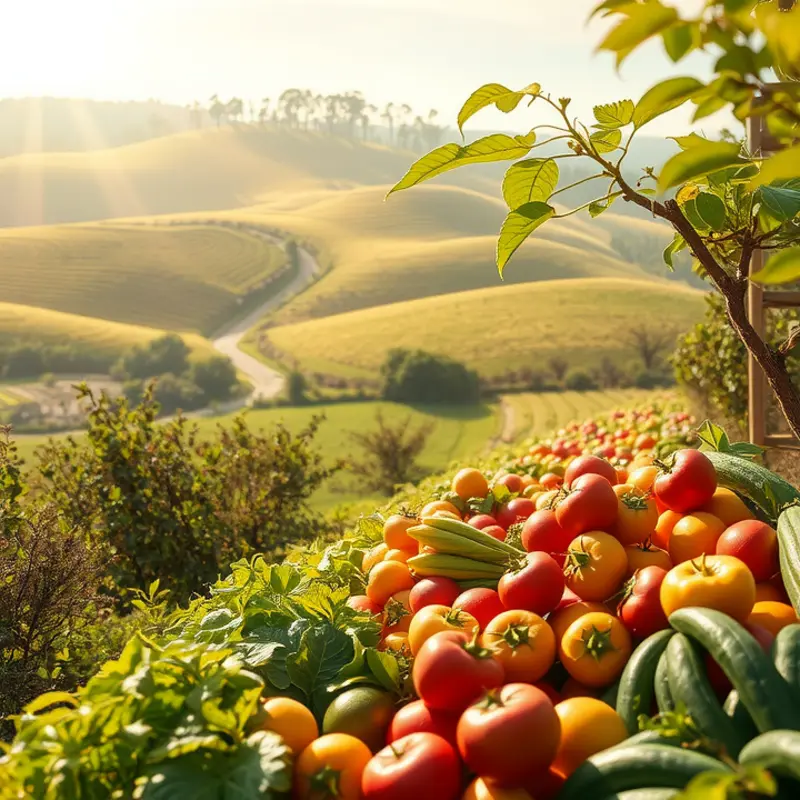 A radiant sunlit field filled with organic vegetables and fruits, symbolizing health and mindfulness.