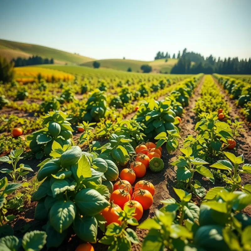A sunlit field showcasing vibrant organic produce among lush greenery.