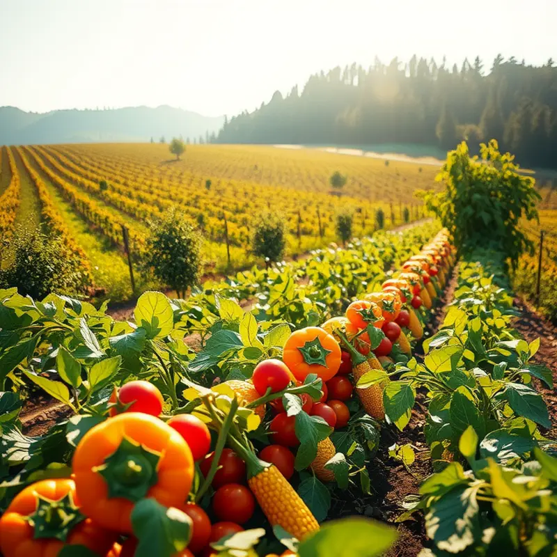 A vibrant orchard filled with an abundance of organic fruits and vegetables, representing natural nutrition.