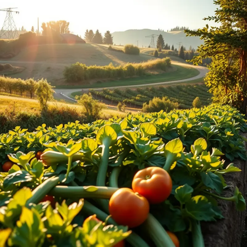 A serene sunlit field abundant with vibrant vegetables and fruits, symbolizing nature’s freshness.
