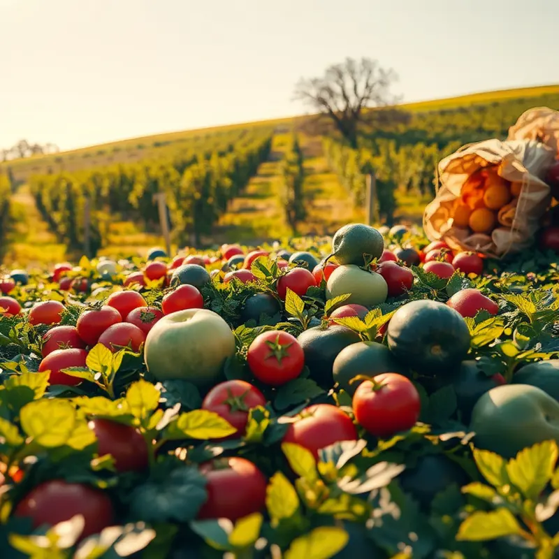 A sunlit field brimming with organic vegetables and fruits.