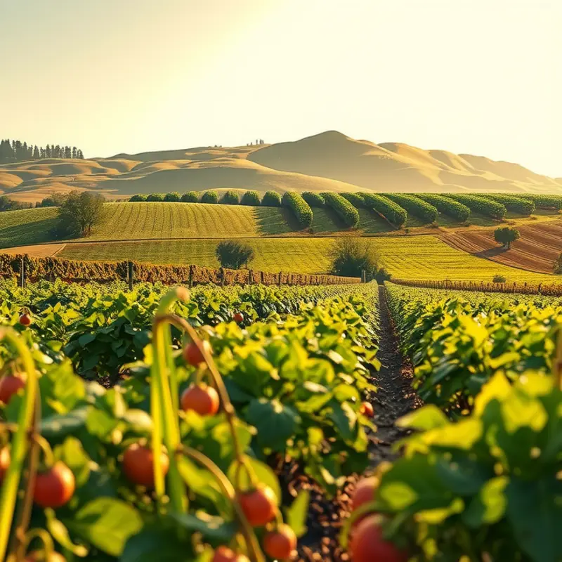 A sunlit field showcasing vibrant fruits and vegetables among lush greenery.