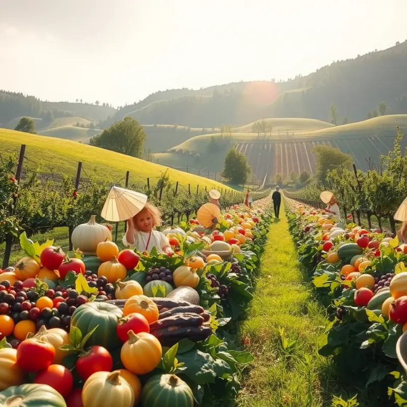 A picturesque landscape of vibrant fruits and vegetables in a natural setting.