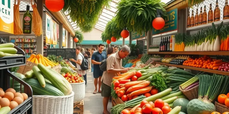 A sunlit field brimming with organic vegetables and fruits, emphasizing sustainable food selection.