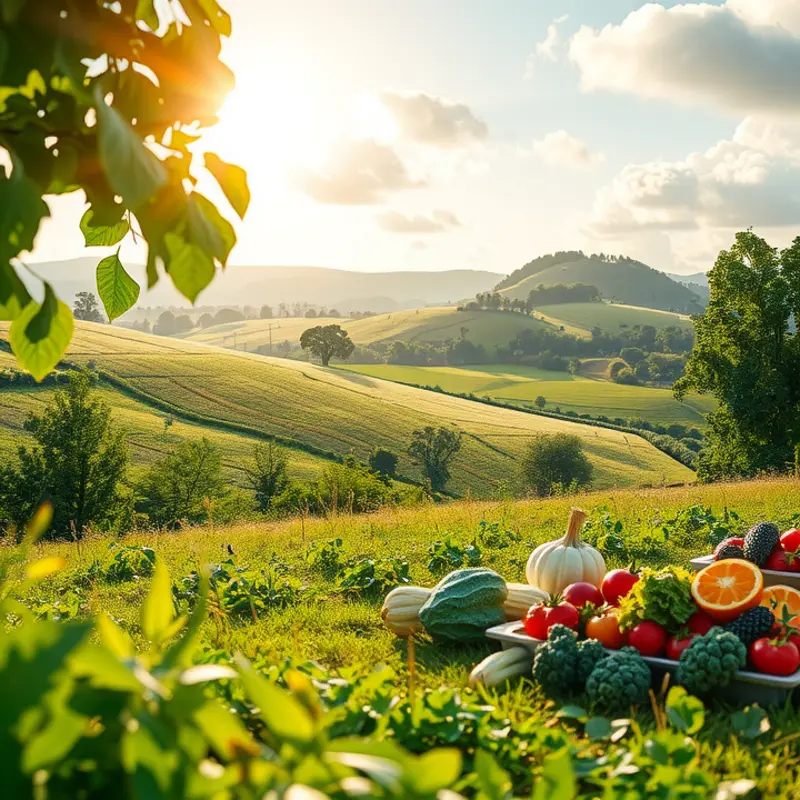 A vibrant sunlit field with organic fruits and vegetables.