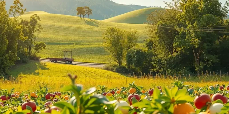 A sunlit field filled with a variety of organic vegetables and fruits, highlighting nature’s bounty.