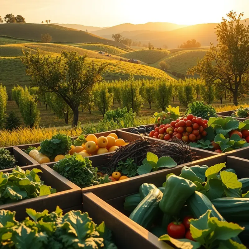 A sunlit field with vibrant organic vegetables and fruits growing amid lush greenery.
