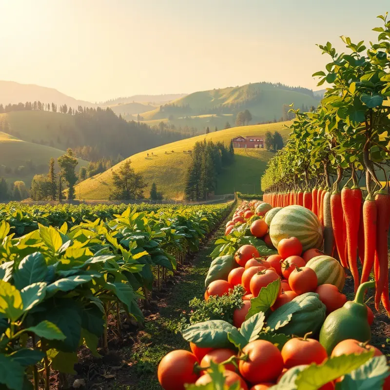 A sunlit field showcasing vibrant vegetables and fruits, representing the essence of natural wellness.