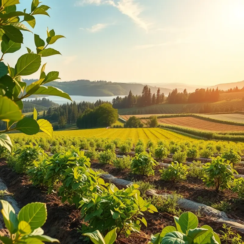 A vibrant sunlit field showcasing natural organic vegetables and fruits.