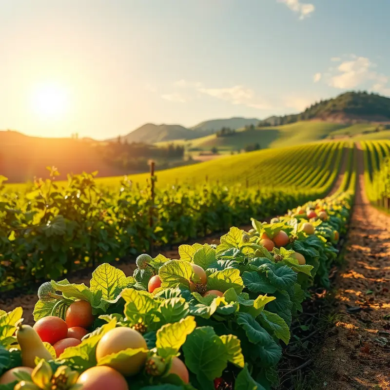 A vibrant sunlit field filled with fresh fruits and vegetables, representing abundance and freshness.