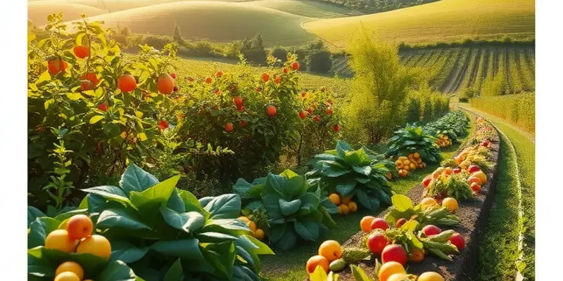 A photorealistic scene of a sunlit field showcasing various organic produce, highlighting nature's goodness.