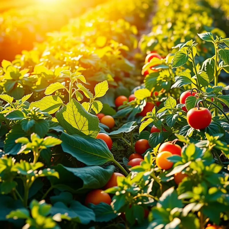 A radiant sunlit field teeming with organic fruits and vegetables.