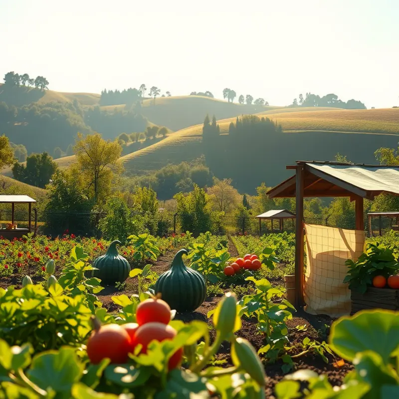 A sunlit field showcasing the abundance of organic fruits and vegetables.