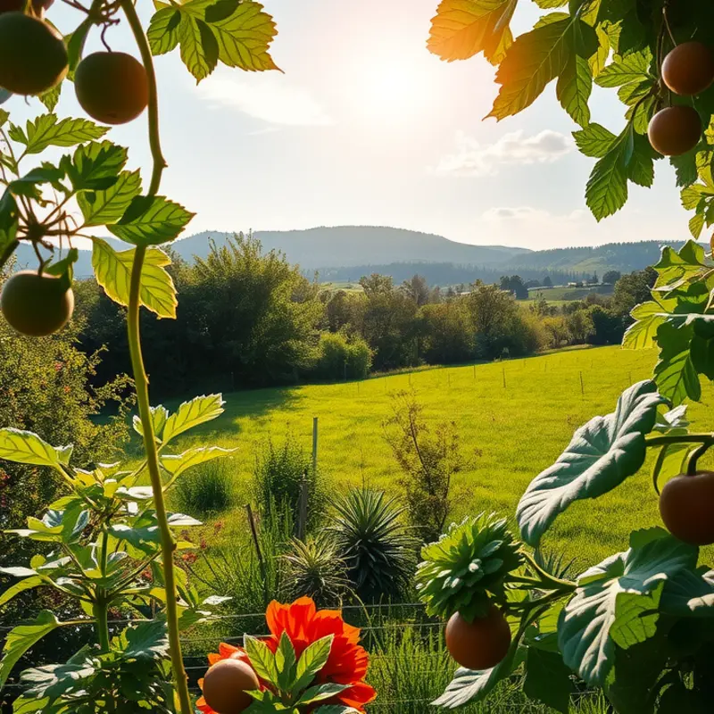 A vibrant sunlit field showcasing an abundance of organic vegetables and fruits.
