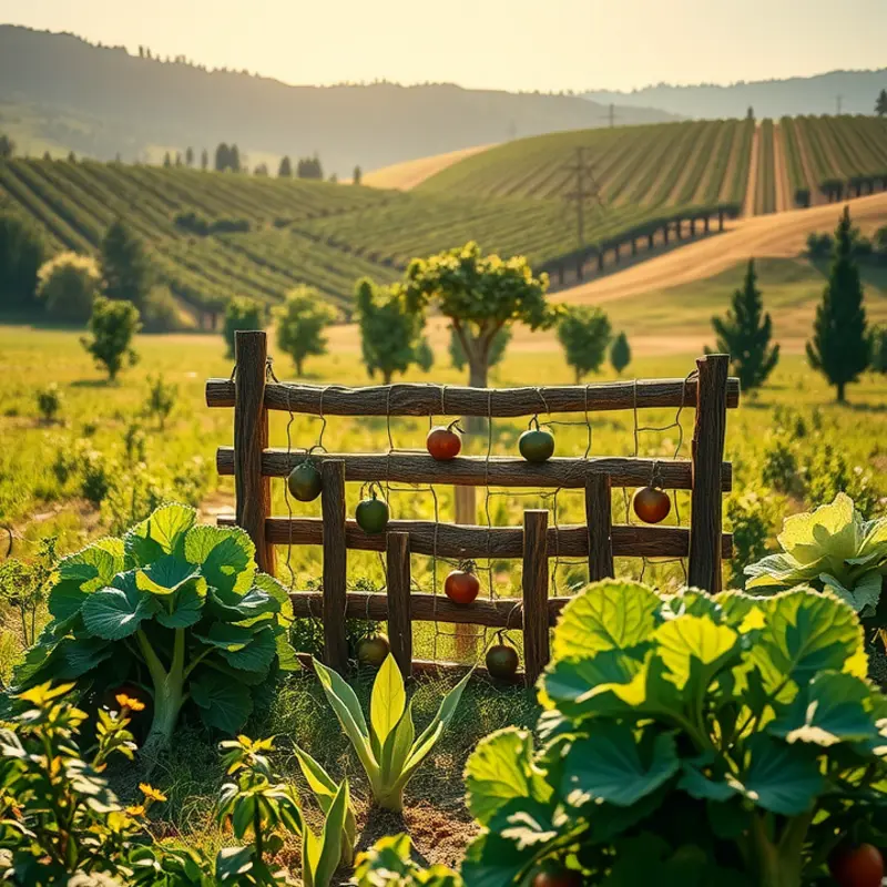 A vivid sunlit field showcasing vibrant vegetables and fruits.