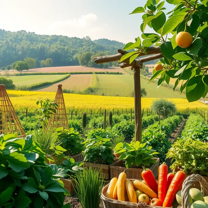 A vibrant sunlit field filled with fresh organic vegetables and fruits.