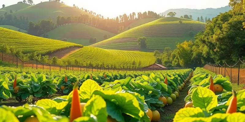 A sunny field filled with healthy, organic vegetables amidst rich greenery.