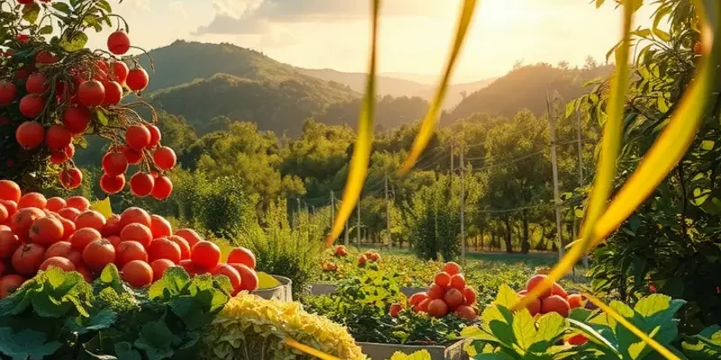 An expansive view of a sunlit orchard illustrating vibrant organic produce, signifying health.