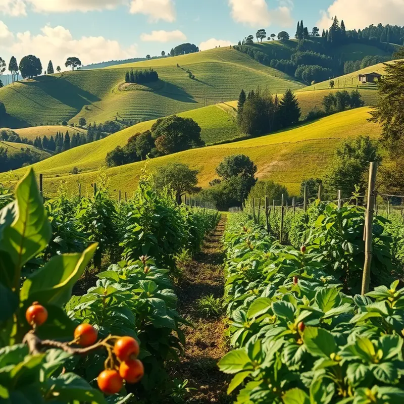A vibrant, sunlit field showcasing the beauty of organic vegetables and fruits.