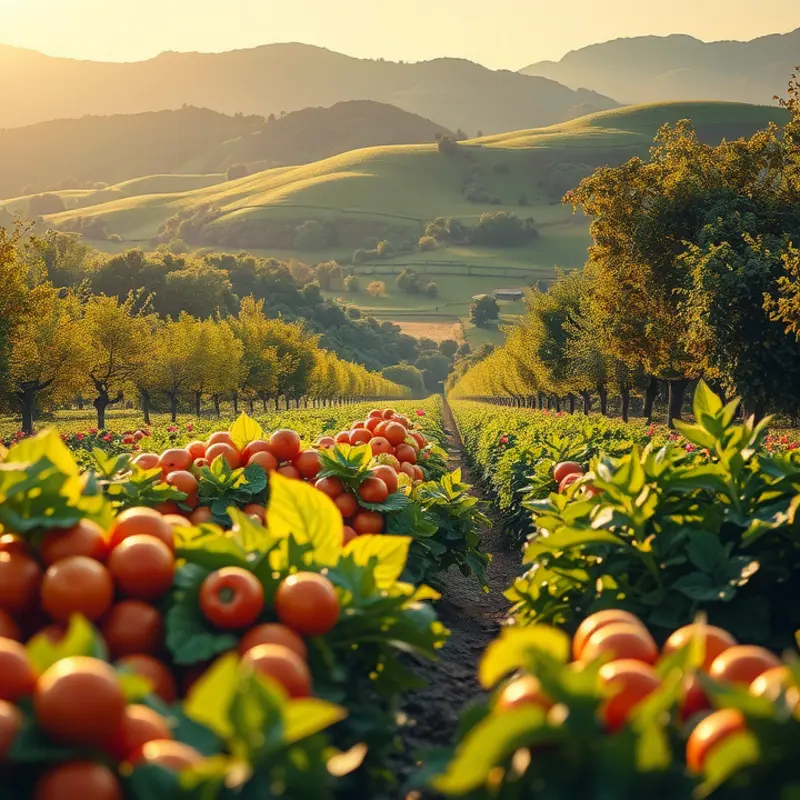 A vibrant orchard filled with fruits and vegetables, showcasing the beauty of natural produce.